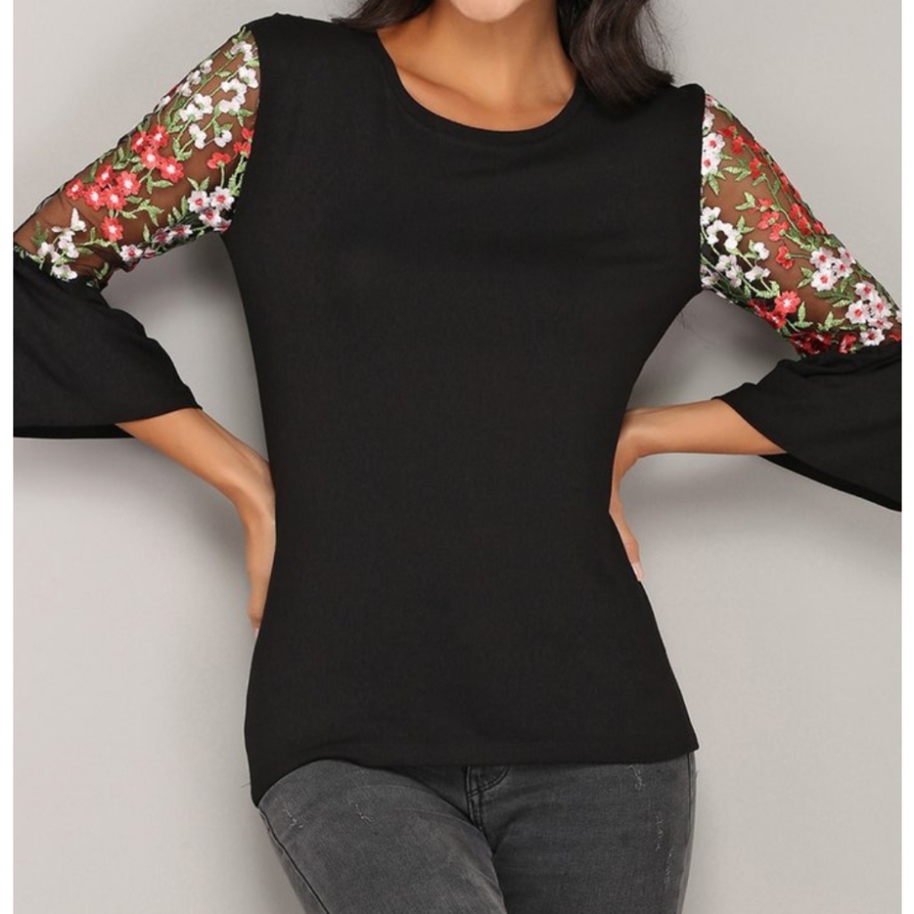 Milan Kiss Black Floral Accent Bell Sleeve Top